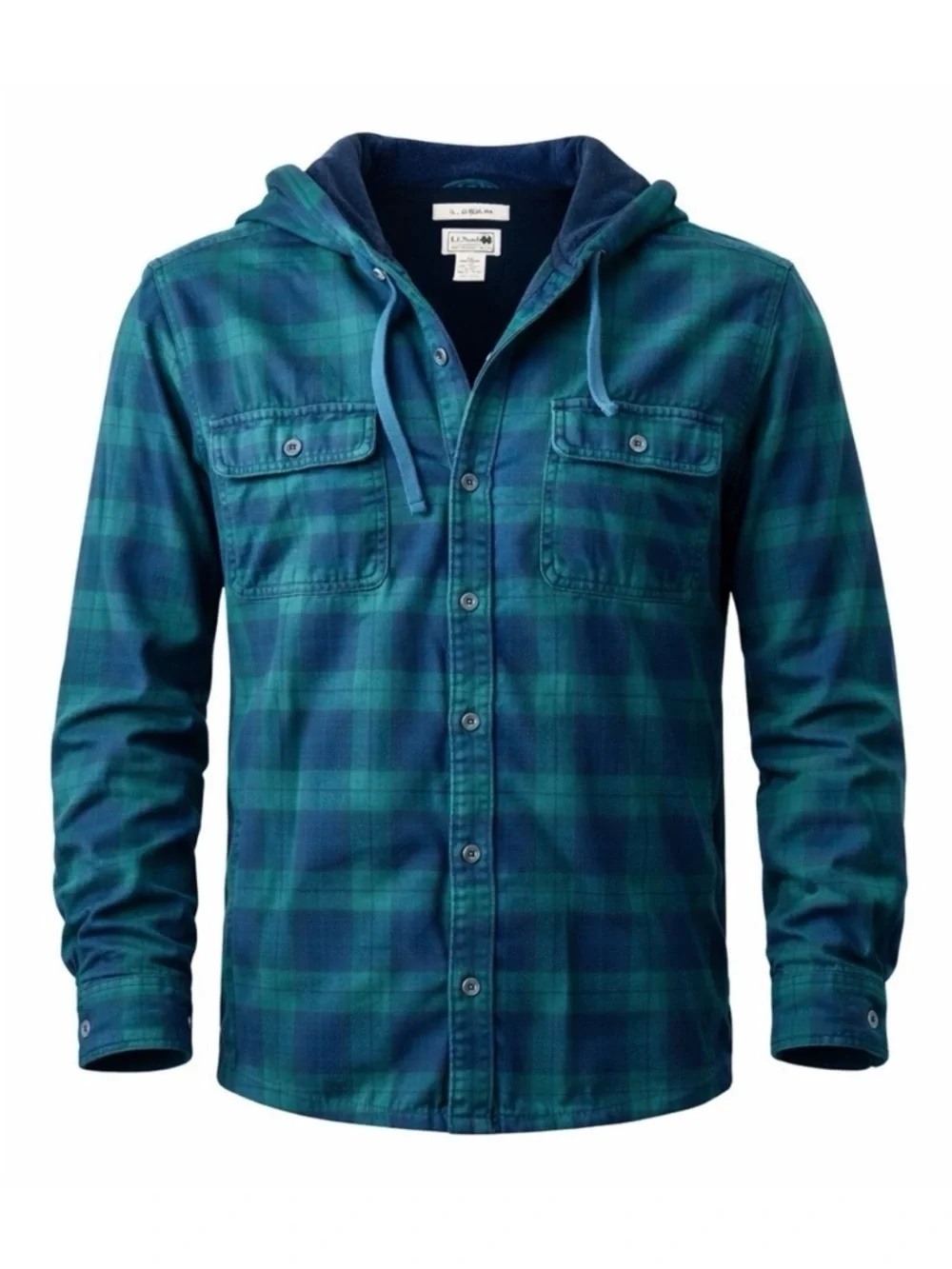 L.L. Bean Green Blue Plaid Hooded Shirt Jacket Fleece Lined Men’s M